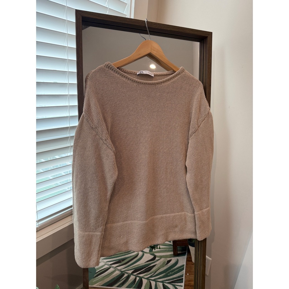 Zara Womens Sweater M L Knit Pullover Beige Long Sleeve Relaxed Top Bell Sleeve
